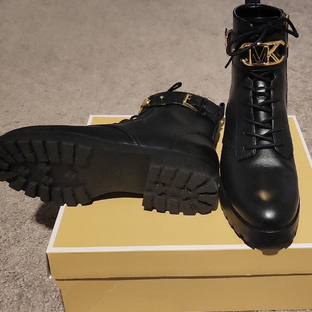 Michael Kors Black Combat Boots with Gold Accents